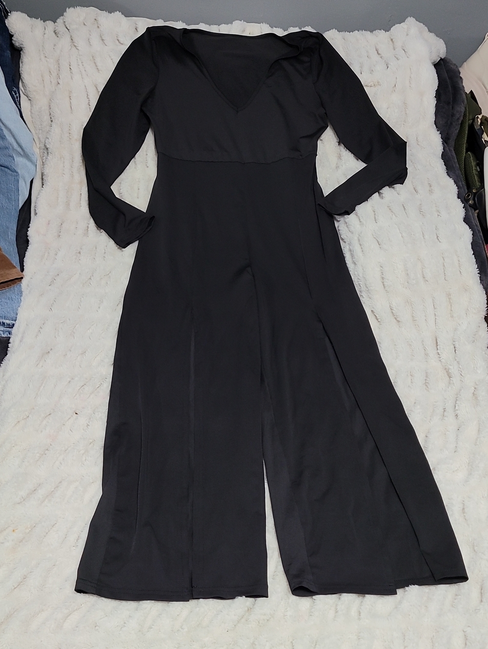 Black Long Sleeve Wide-Leg Jumpsuit With Front Slits On Legs